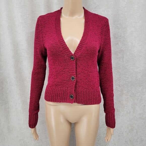 Lauren Ralph Lauren Raspberry Rose Red Knit Vneck Cardigan Sweater - Picture 1 of 8